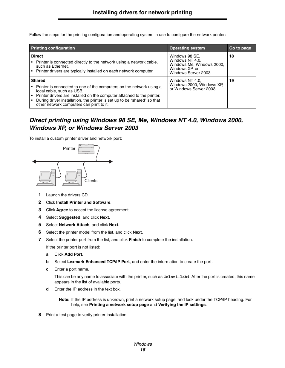 Windows server 2003, Installing drivers for network printing | Lexmark C522 User Manual | Page 18 / 146
