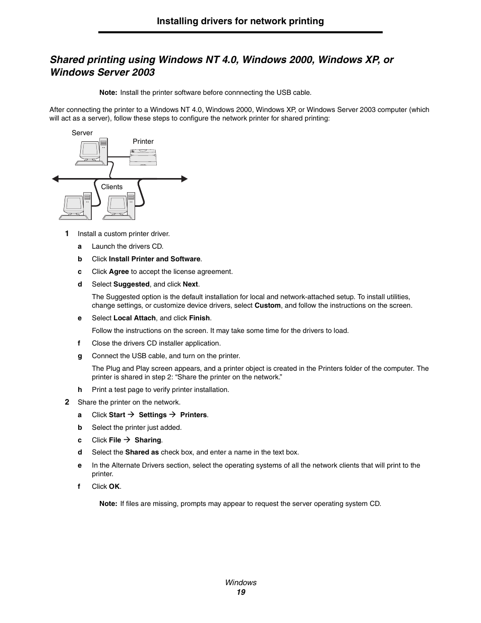 Installing drivers for network printing | Lexmark C522 User Manual | Page 19 / 146
