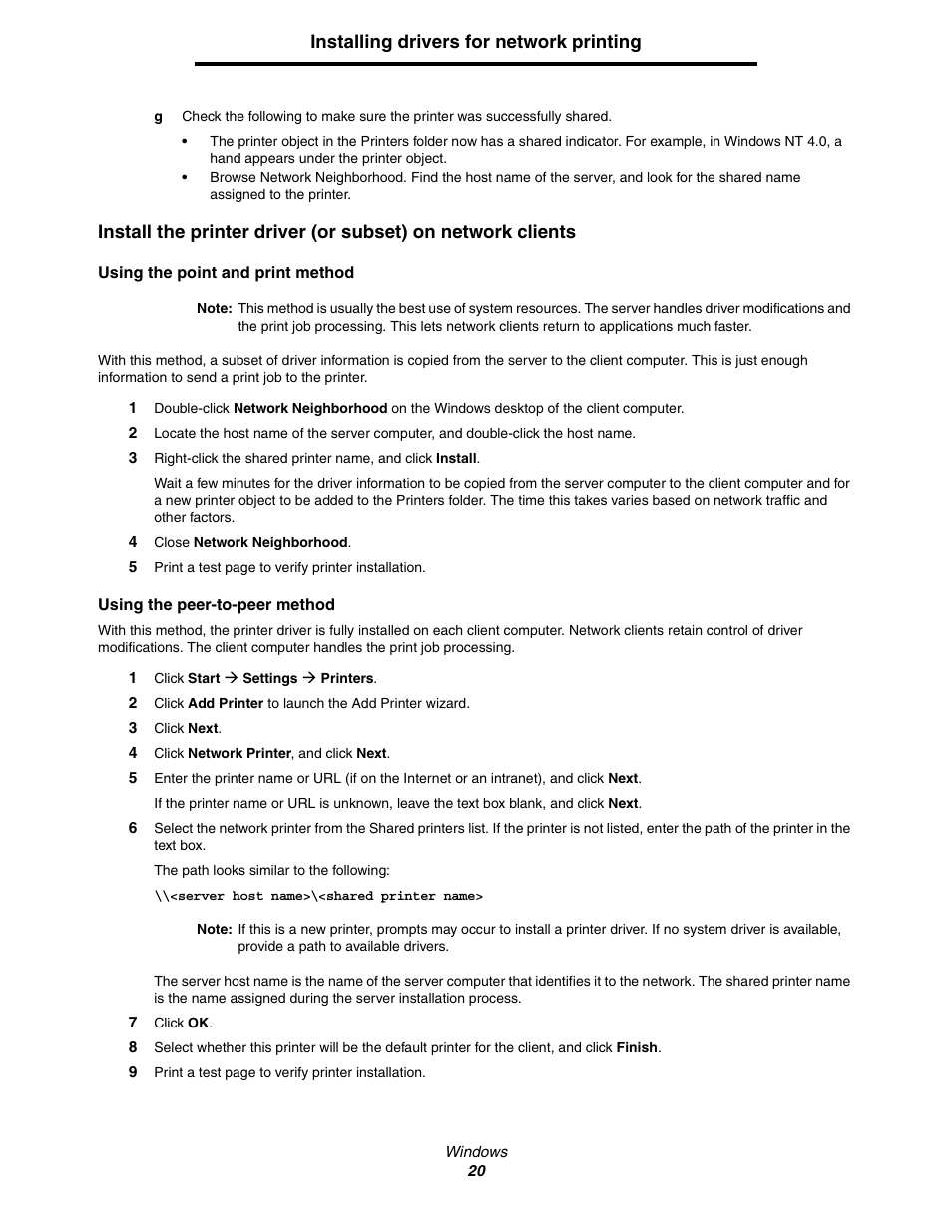 Installing drivers for network printing | Lexmark C522 User Manual | Page 20 / 146
