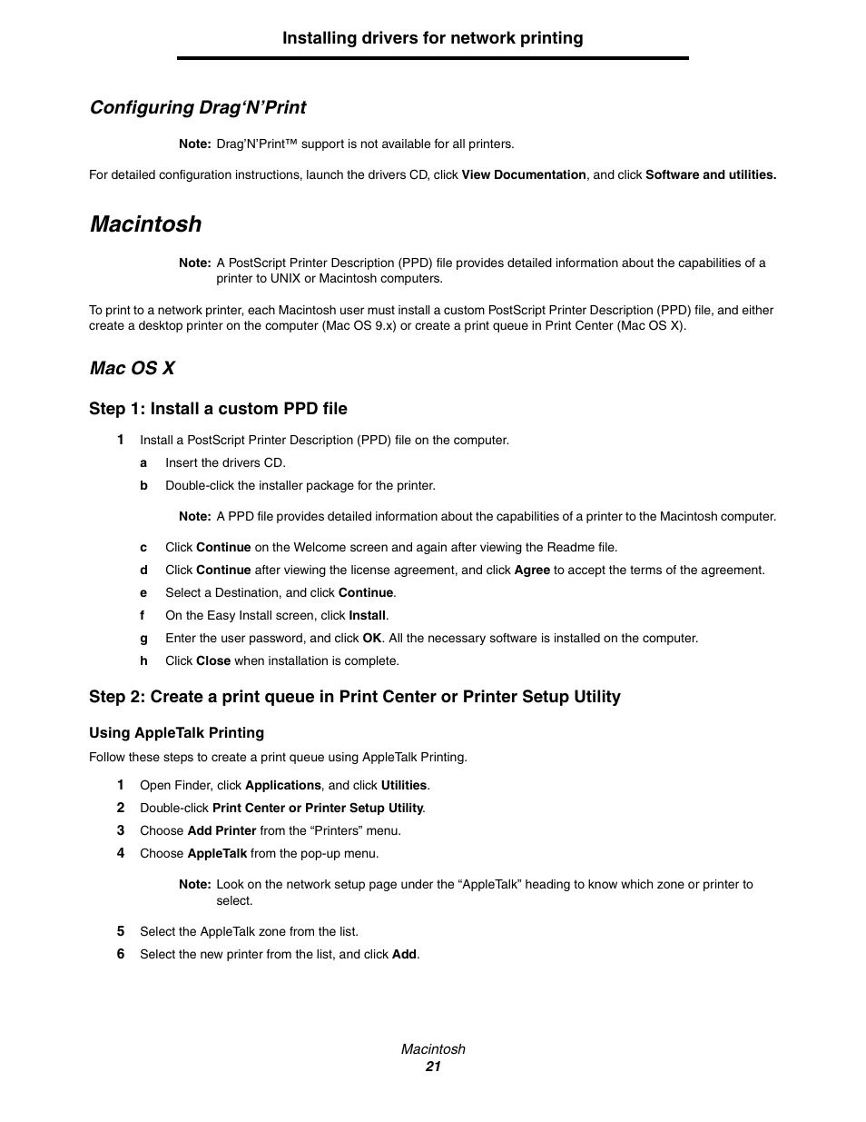 Configuring drag‘n’print, Macintosh, Mac os x | Lexmark C522 User Manual | Page 21 / 146