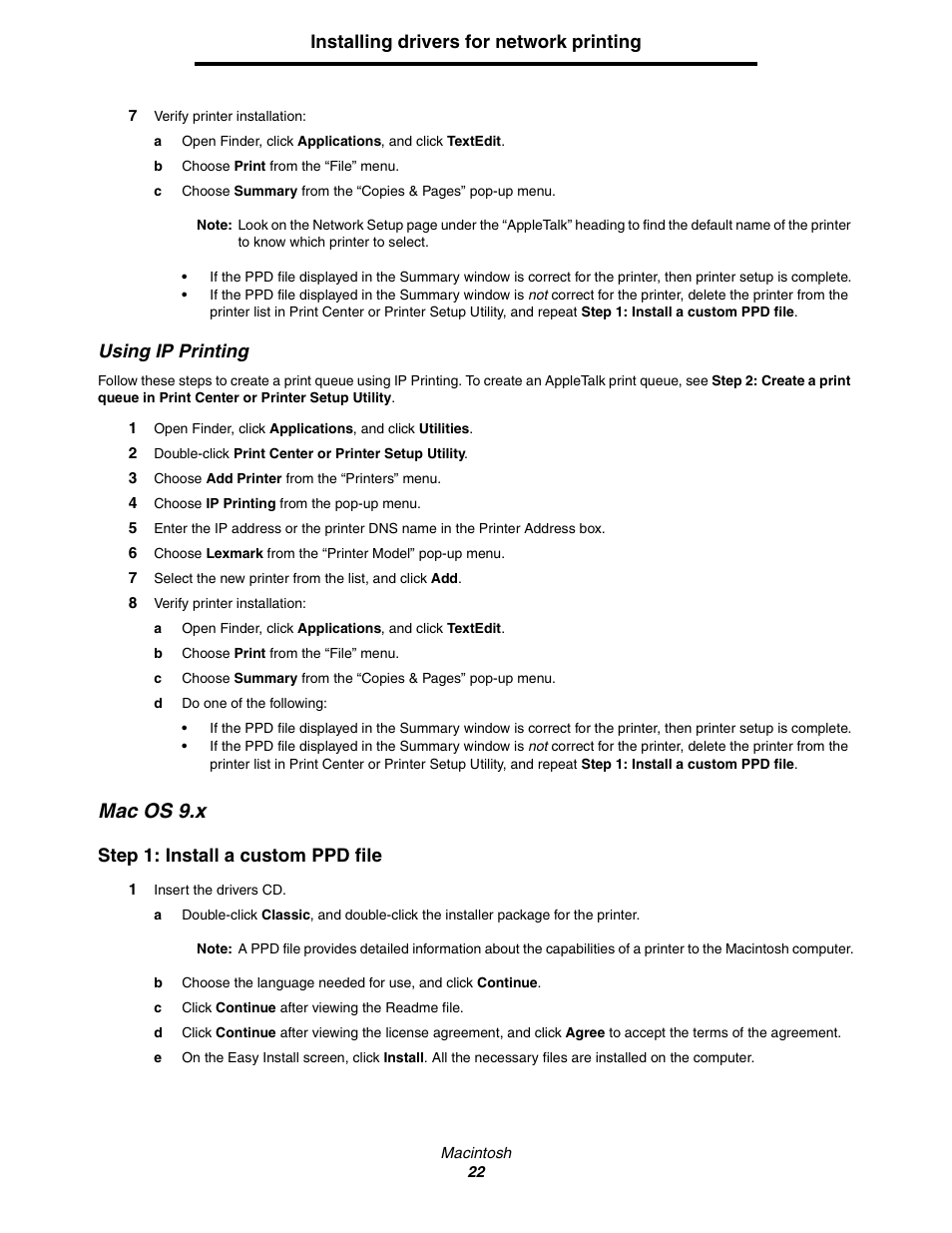 Macos9.x, Mac os 9.x, Installing drivers for network printing | Using ip printing, Step 1: install a custom ppd file | Lexmark C522 User Manual | Page 22 / 146