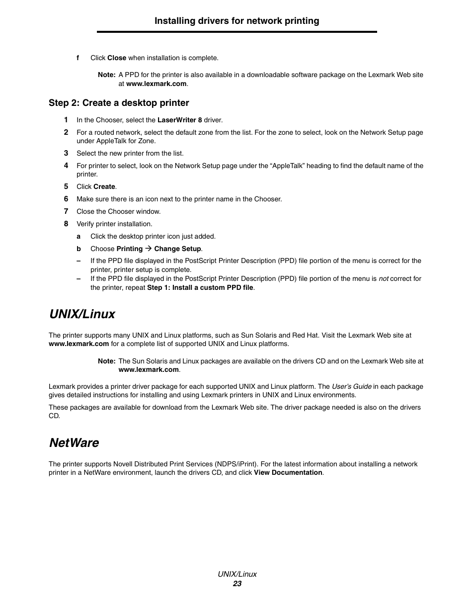 Unix/linux, Netware | Lexmark C522 User Manual | Page 23 / 146