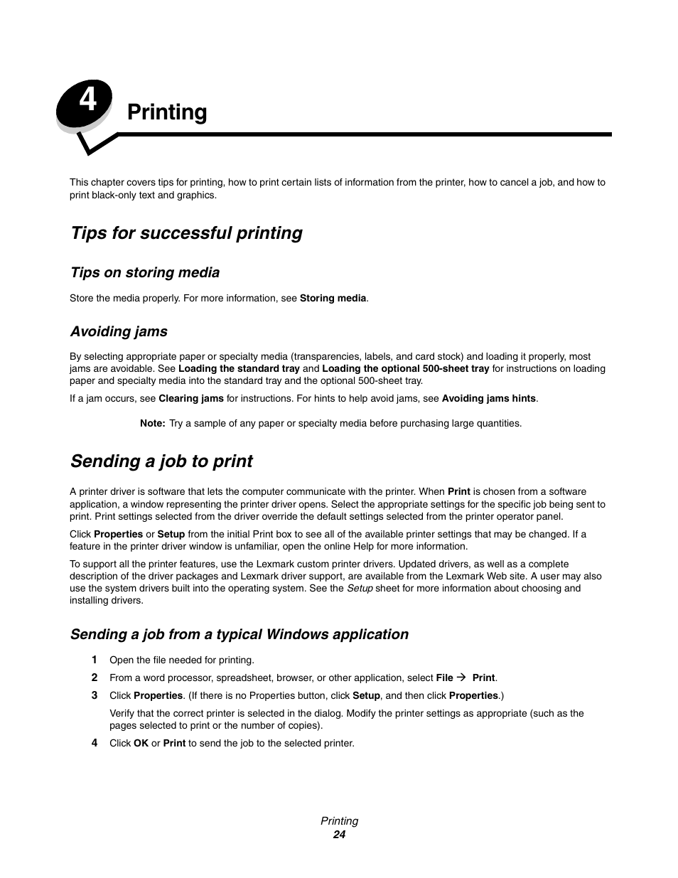 Printing, Tips for successful printing, Tips on storing media | Avoiding jams, Sending a job to print, Sending a job from a typical windows application, Chapter 4: printing, Tips on storing media avoiding jams | Lexmark C522 User Manual | Page 24 / 146