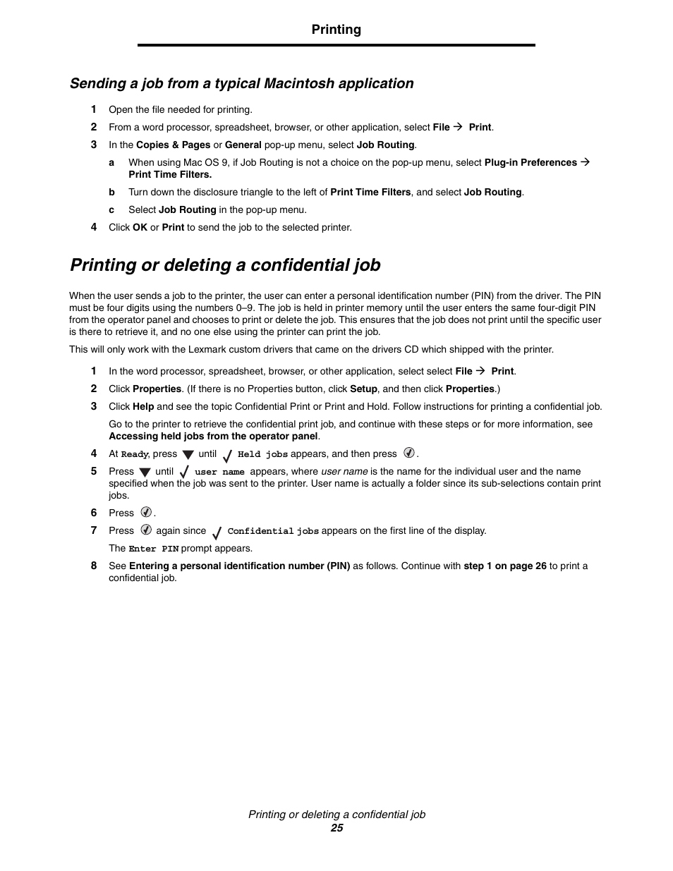 Sending a job from a typical macintosh application, Printing or deleting a confidential job | Lexmark C522 User Manual | Page 25 / 146