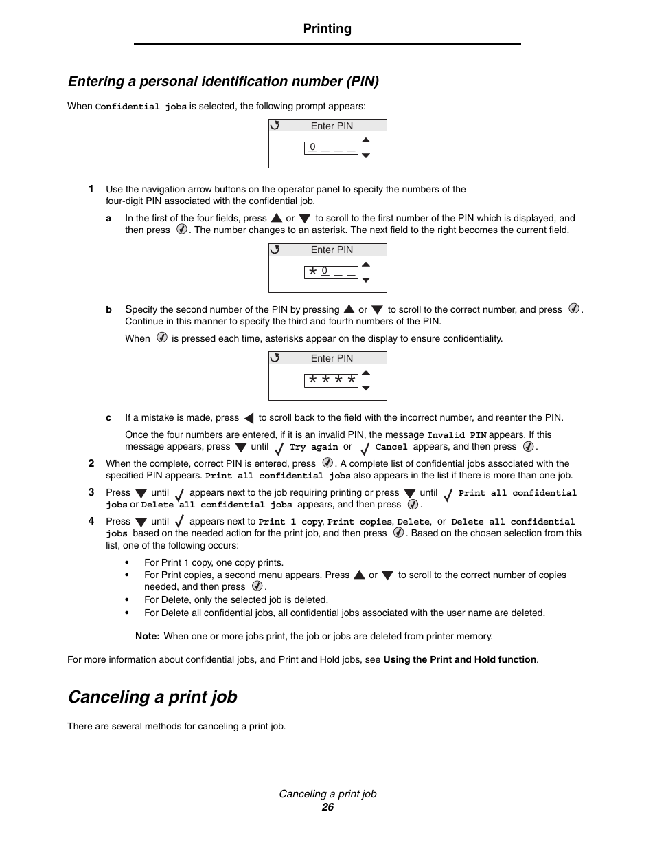 Entering a personal identification number (pin), Canceling a print job | Lexmark C522 User Manual | Page 26 / 146