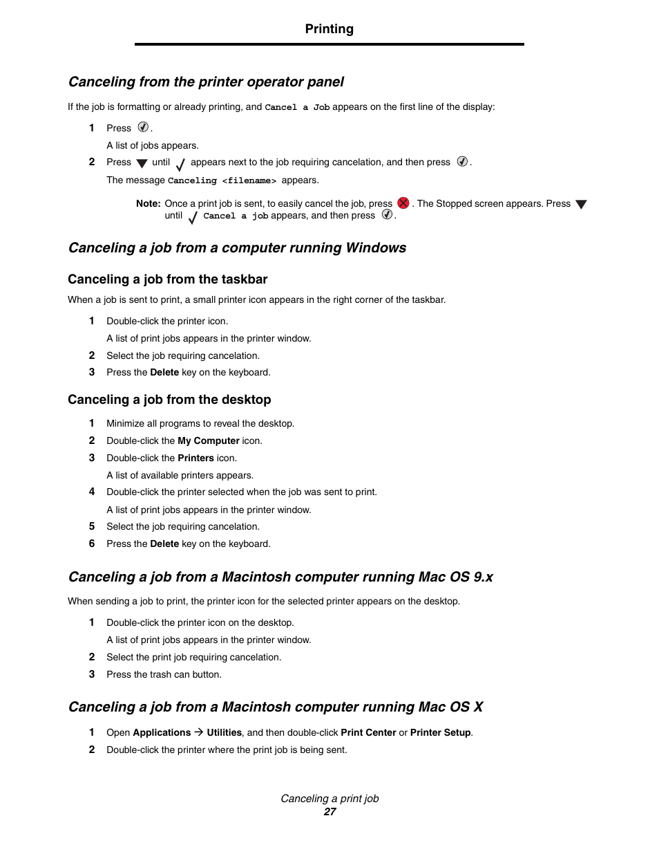 Canceling from the printer operator panel, Canceling a job from a computer running windows | Lexmark C522 User Manual | Page 27 / 146