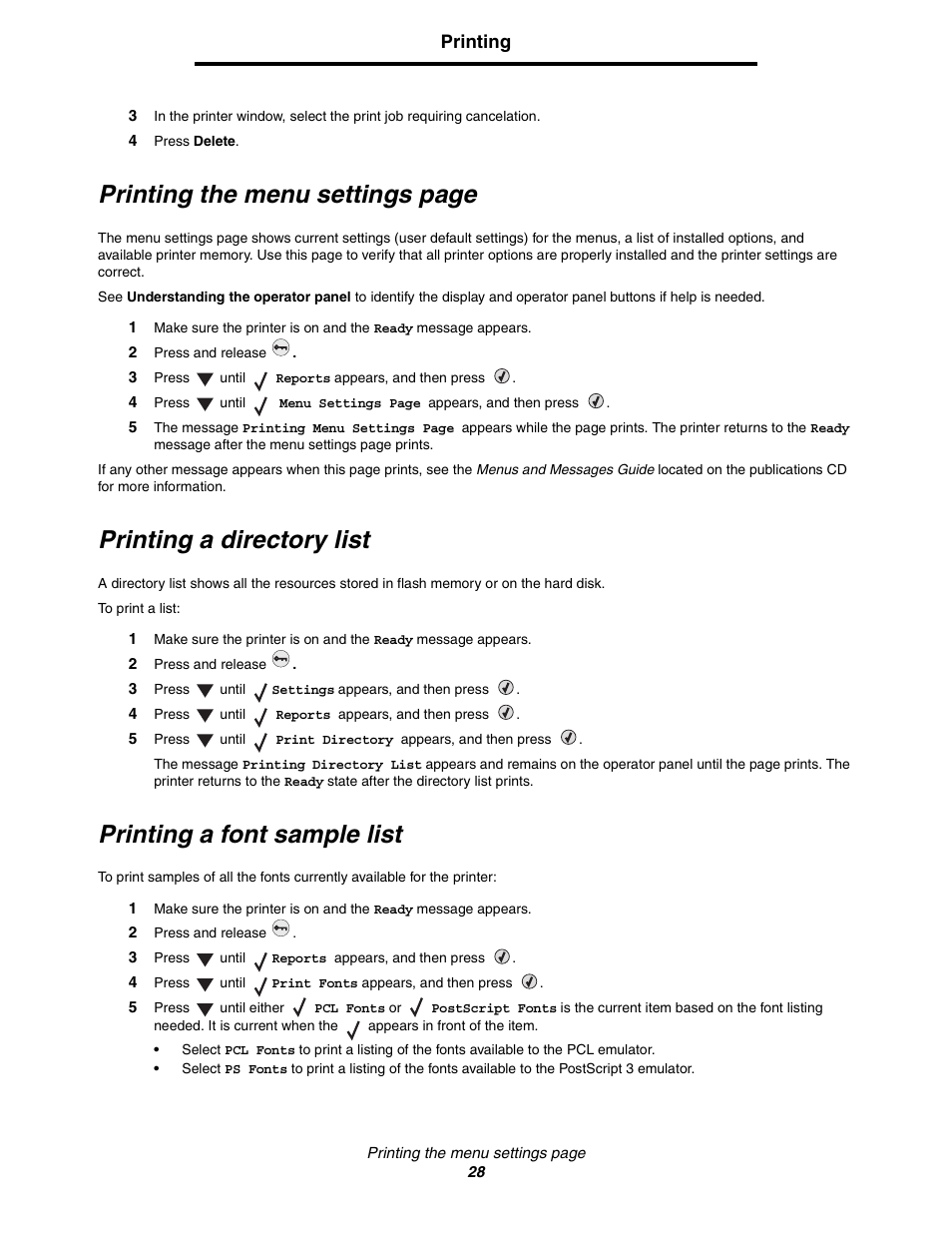 Printing a directory list, Printing a font sample list, Printing the menu settings page | Lexmark C522 User Manual | Page 28 / 146