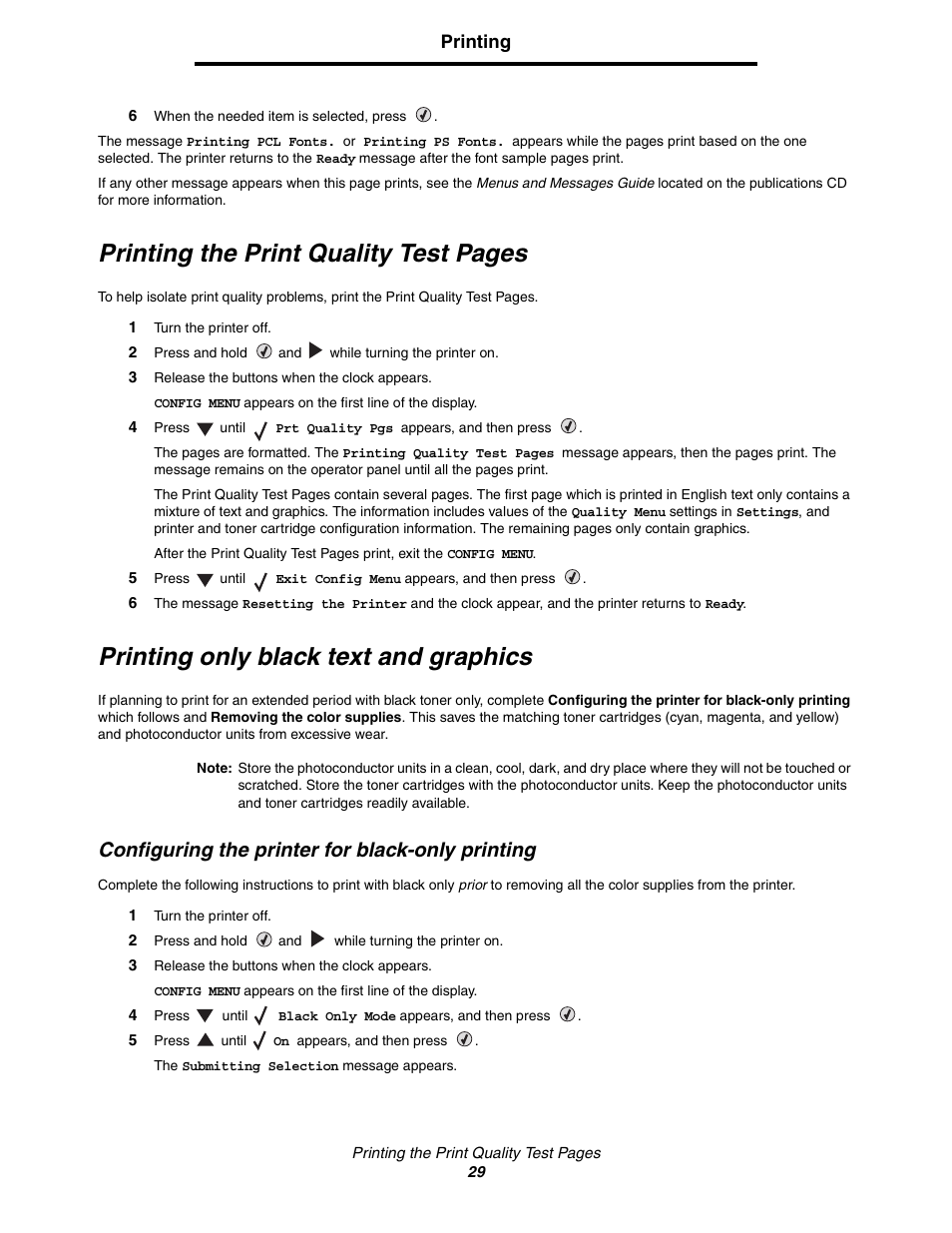 Printing only black text and graphics, Configuring the printer for black-only printing, Printing the print quality test pages | Lexmark C522 User Manual | Page 29 / 146