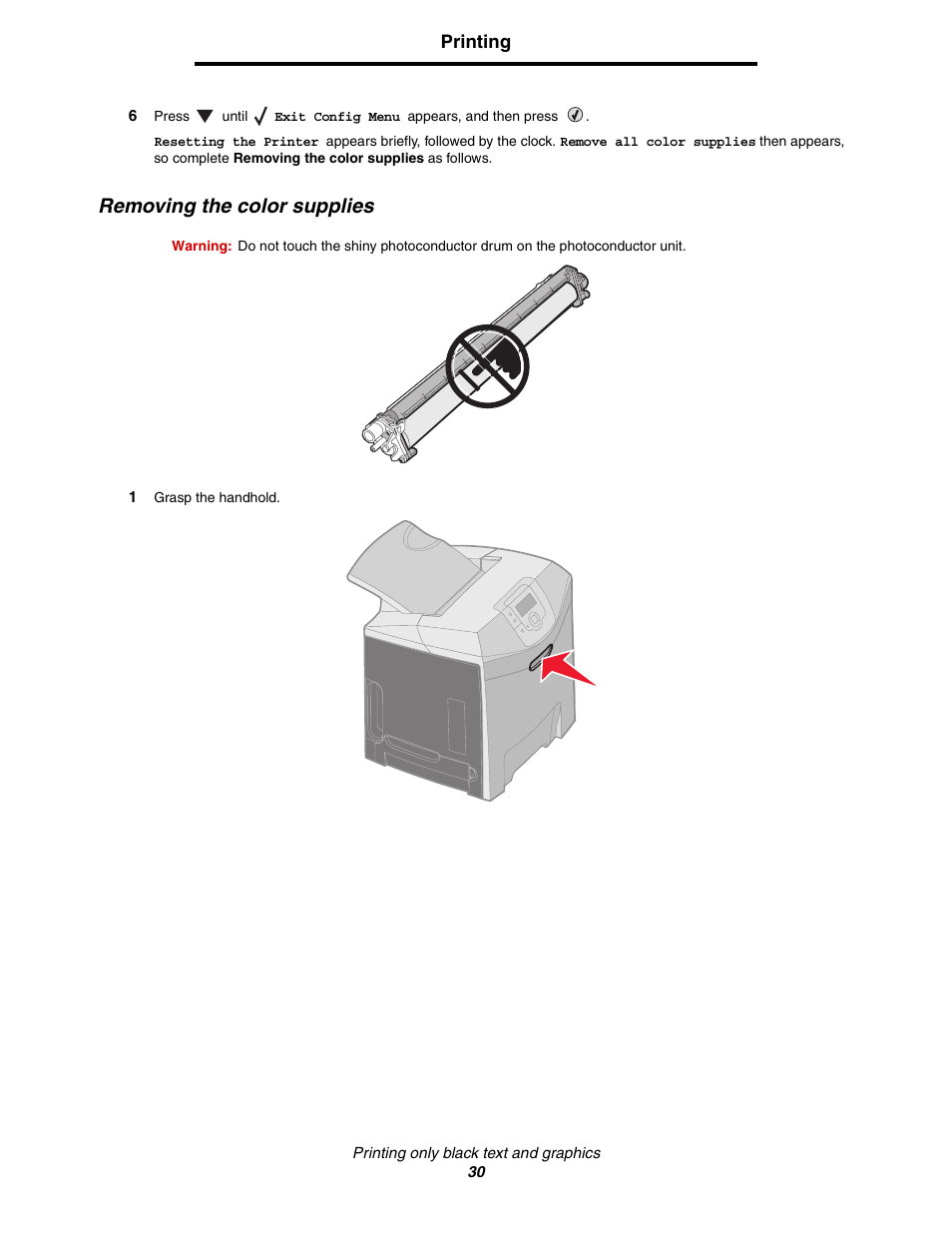 Removing the color supplies | Lexmark C522 User Manual | Page 30 / 146