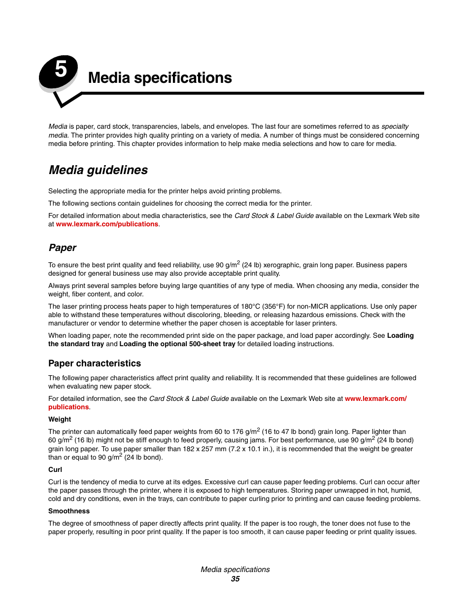 Media specifications, Media guidelines, Paper | Chapter 5: media specifications | Lexmark C522 User Manual | Page 35 / 146