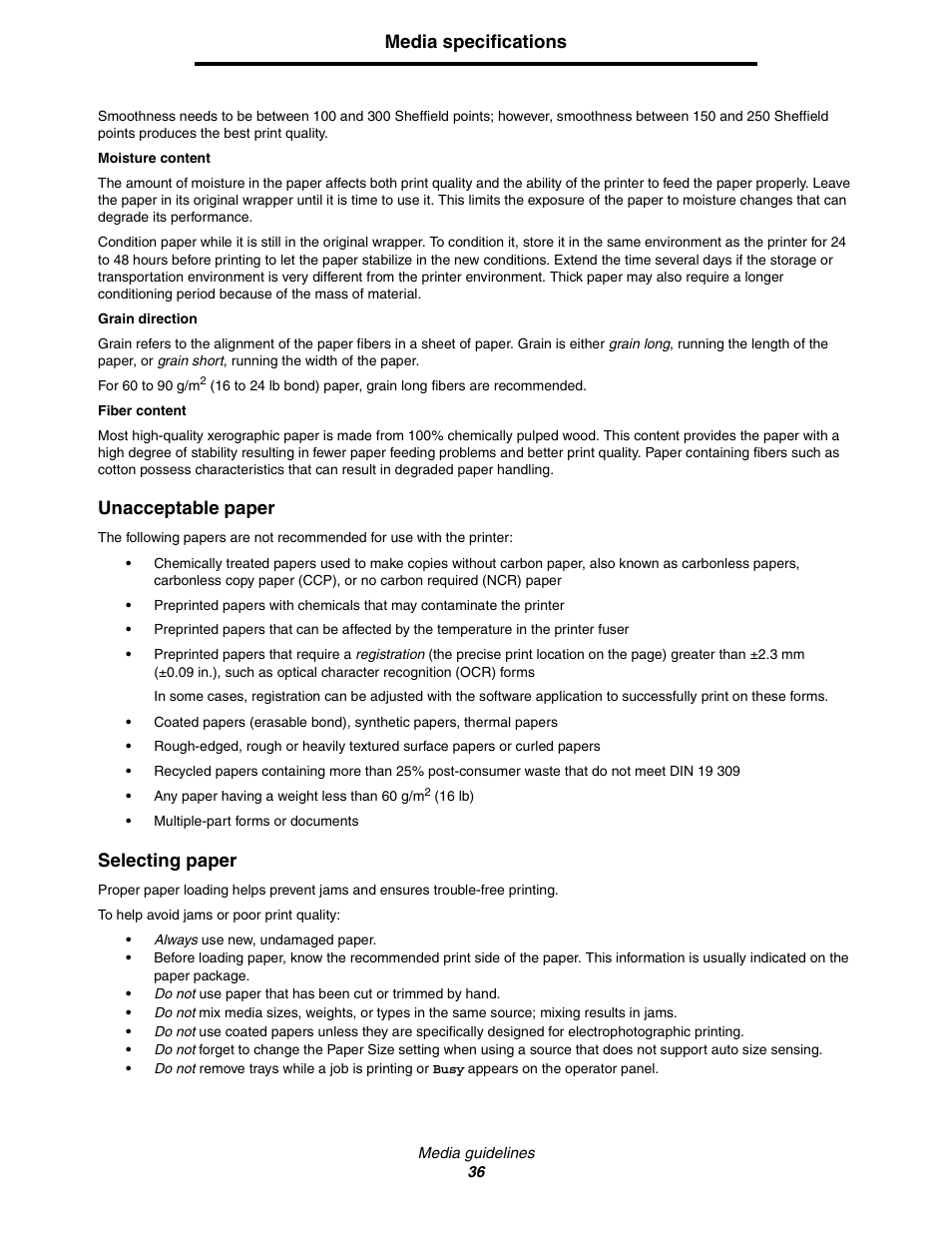 Media specifications, Unacceptable paper, Selecting paper | Lexmark C522 User Manual | Page 36 / 146