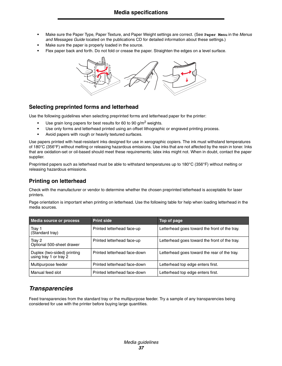 Transparencies, Media specifications, Selecting preprinted forms and letterhead | Printing on letterhead | Lexmark C522 User Manual | Page 37 / 146