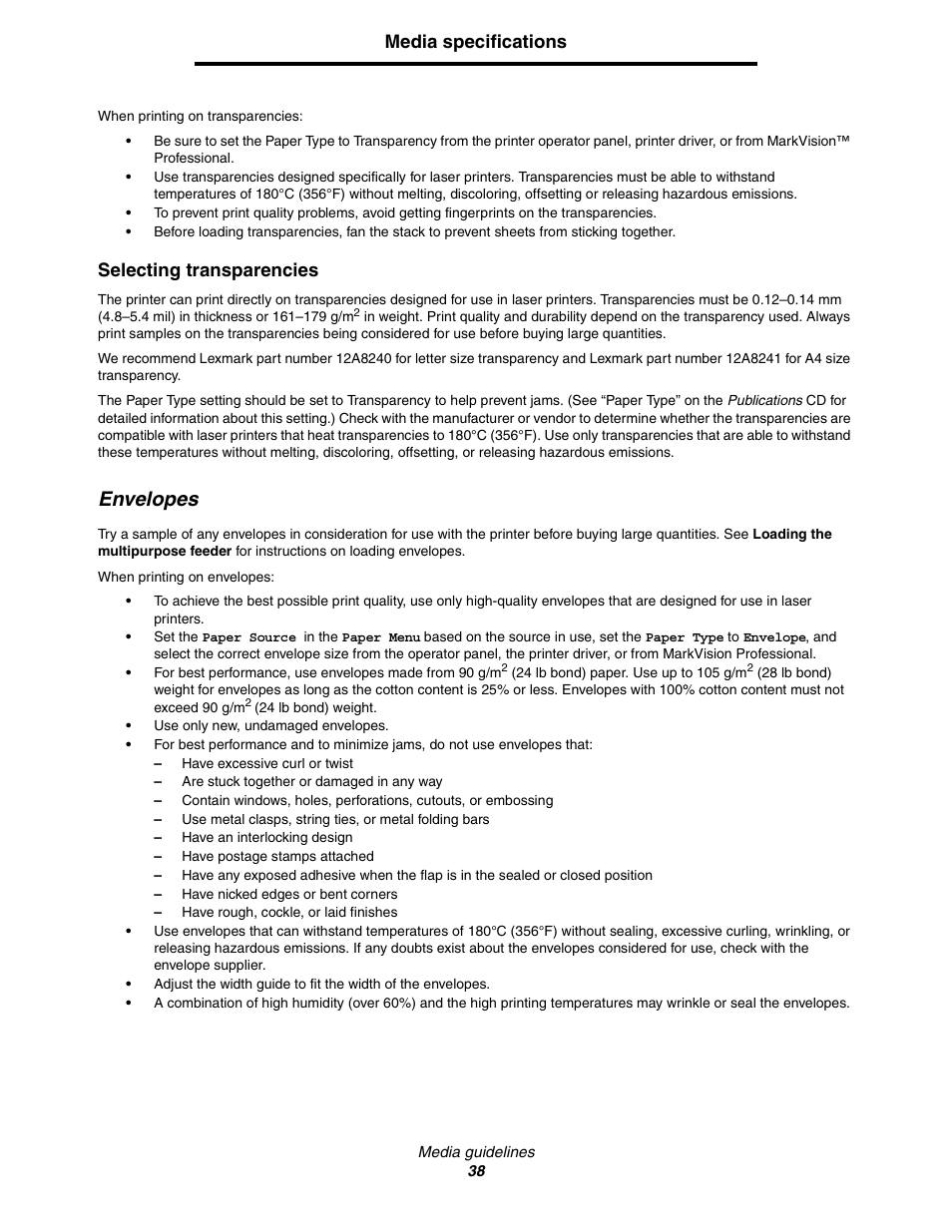 Envelopes, Media specifications, Selecting transparencies | Lexmark C522 User Manual | Page 38 / 146