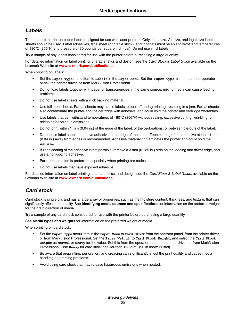 Labels, Card stock, Labels card stock | Media specifications | Lexmark C522 User Manual | Page 39 / 146