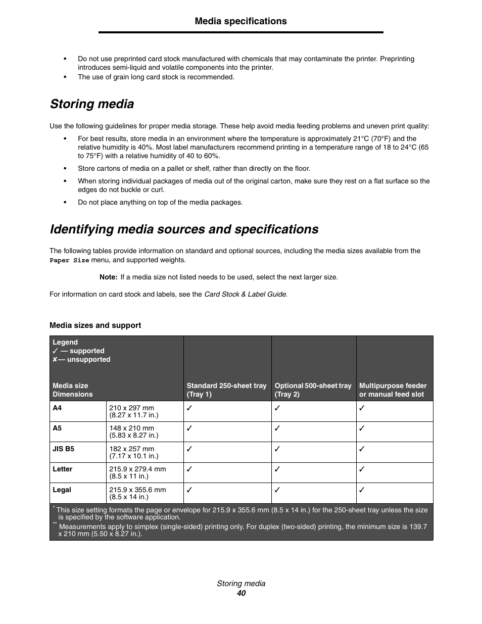 Storing media, Identifying media sources and specifications, Media specifications | Lexmark C522 User Manual | Page 40 / 146