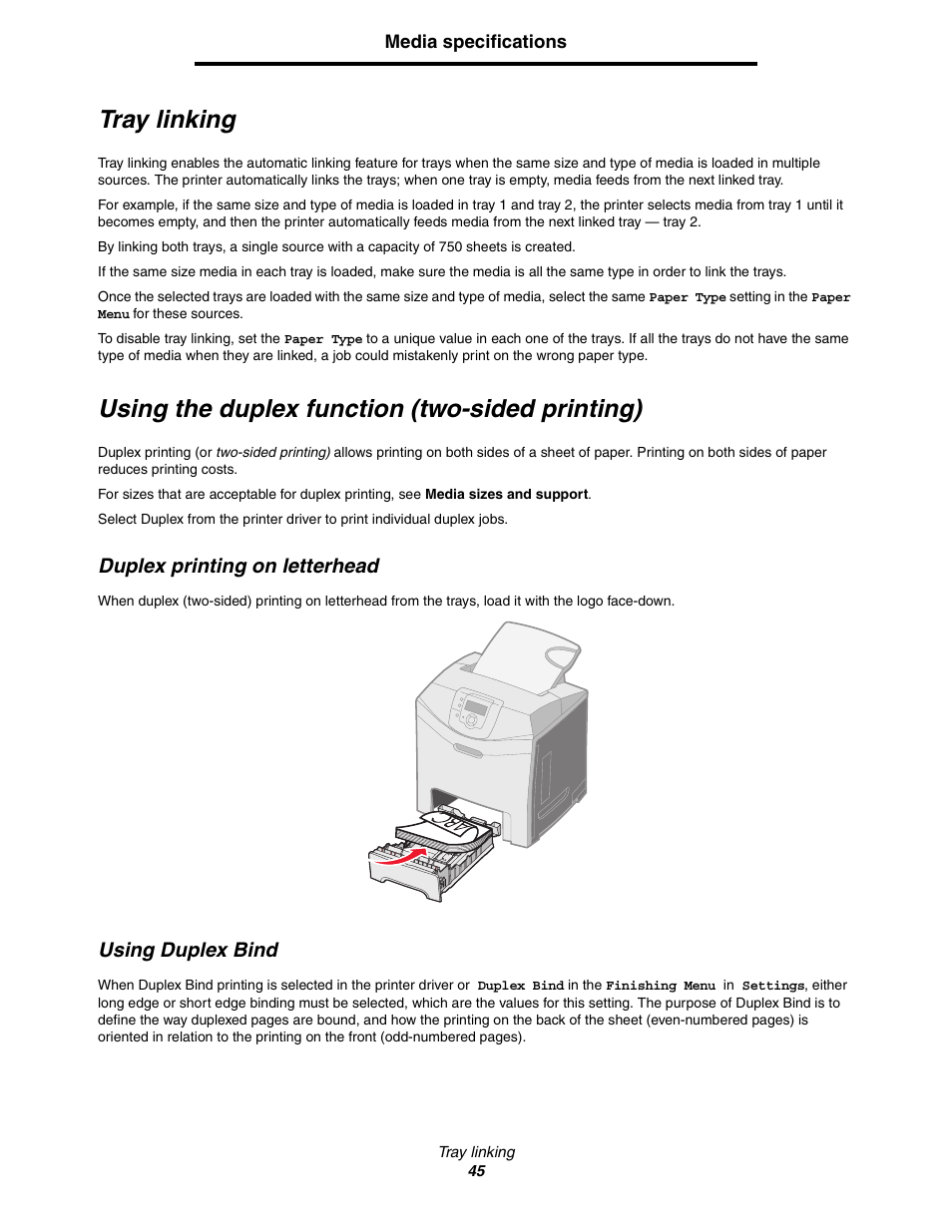 Tray linking, Using the duplex function (two-sided printing), Duplex printing on letterhead | Using duplex bind, Duplex printing on letterhead using duplex bind | Lexmark C522 User Manual | Page 45 / 146