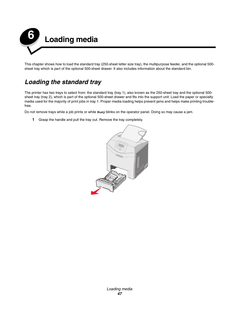 Loading media, Loading the standard tray, Chapter 6: loading media | Lexmark C522 User Manual | Page 47 / 146