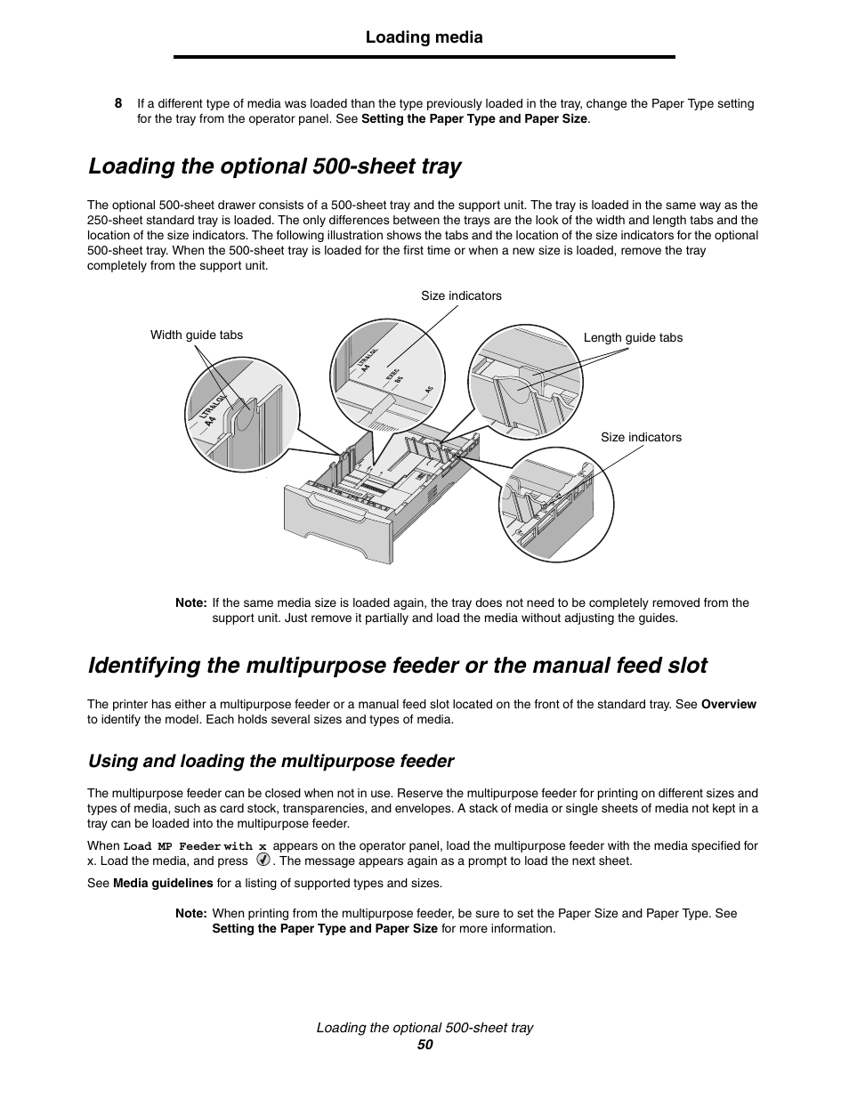 Loading the optional 500-sheet tray, Using and loading the multipurpose feeder, Loading the optional 500-sheet tray f | Lexmark C522 User Manual | Page 50 / 146