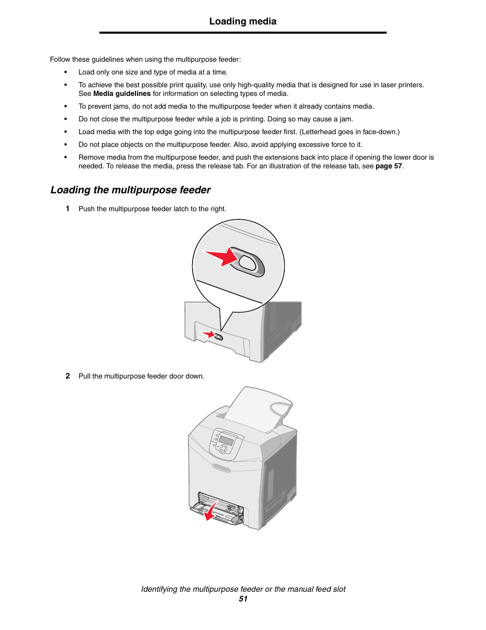 Loading the multipurpose feeder | Lexmark C522 User Manual | Page 51 / 146