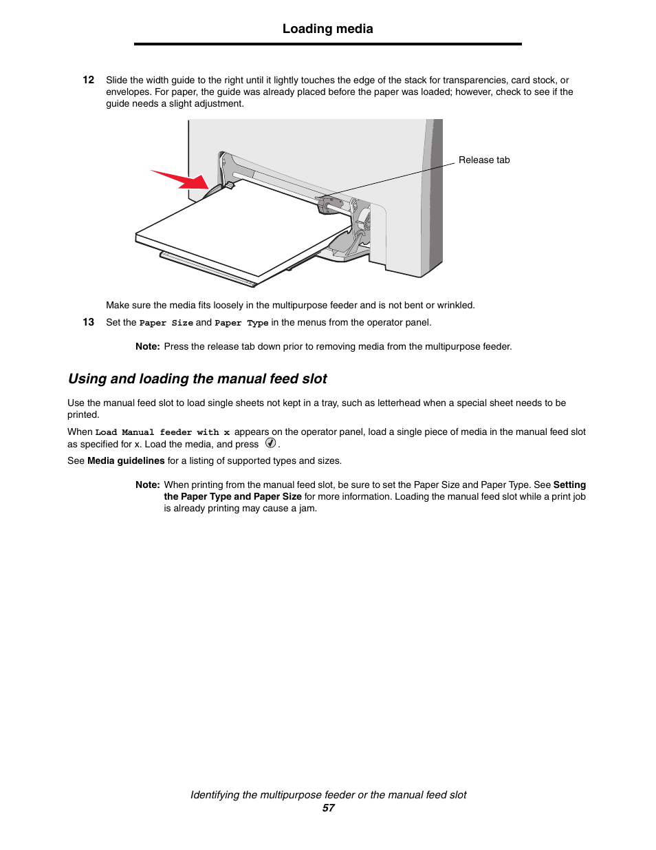 Using and loading the manual feed slot | Lexmark C522 User Manual | Page 57 / 146