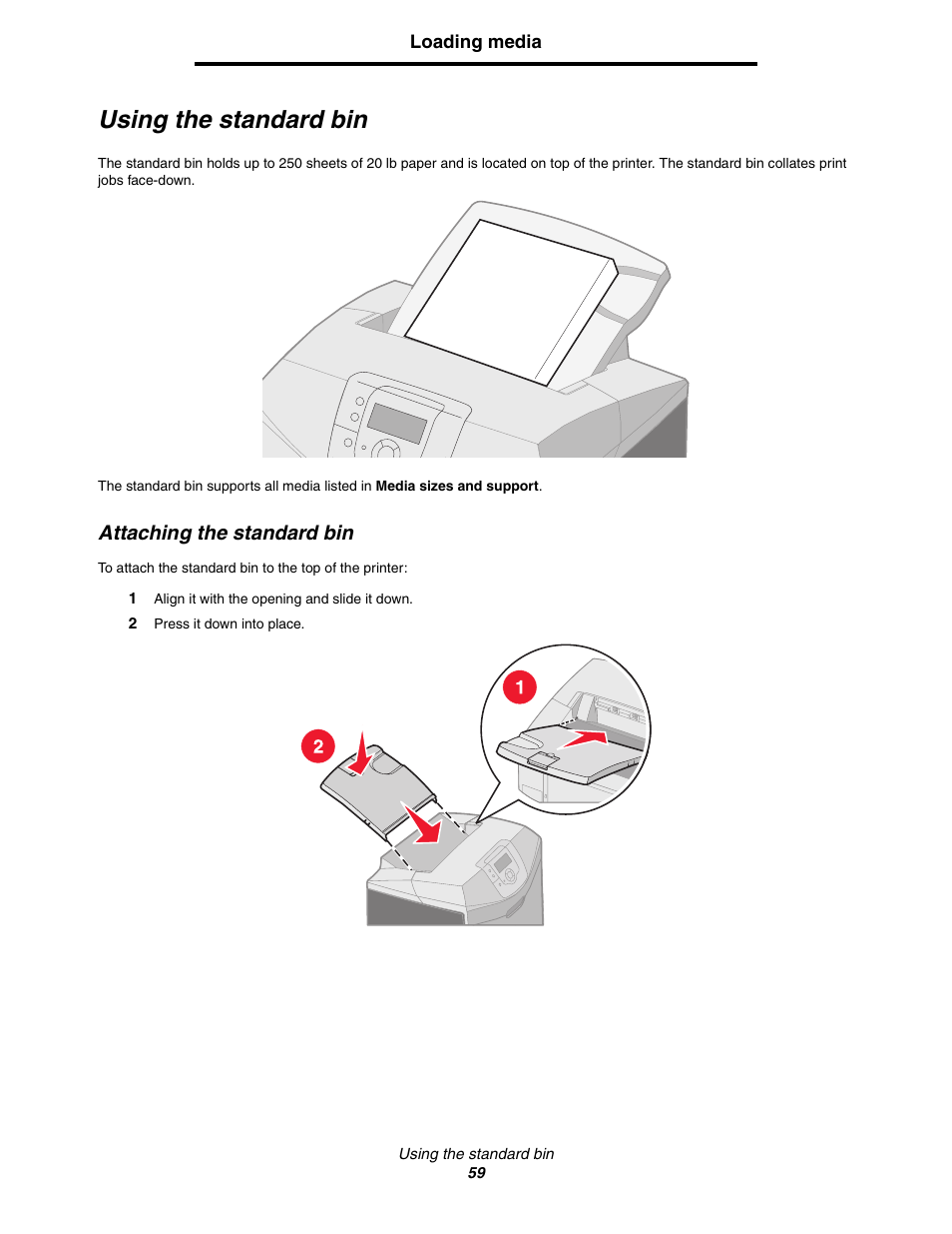 Using the standard bin, Attaching the standard bin | Lexmark C522 User Manual | Page 59 / 146