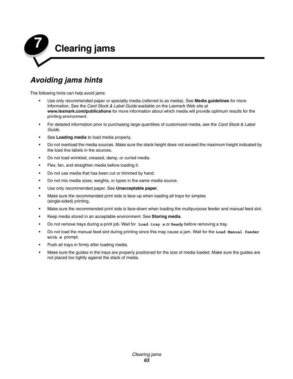 Clearing jams, Avoiding jams hints, Chapter 7: clearing jams | E clearing jams | Lexmark C522 User Manual | Page 63 / 146