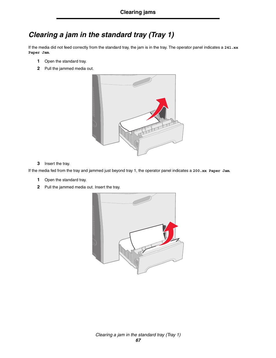 Clearing a jam in the standard tray (tray 1) | Lexmark C522 User Manual | Page 67 / 146