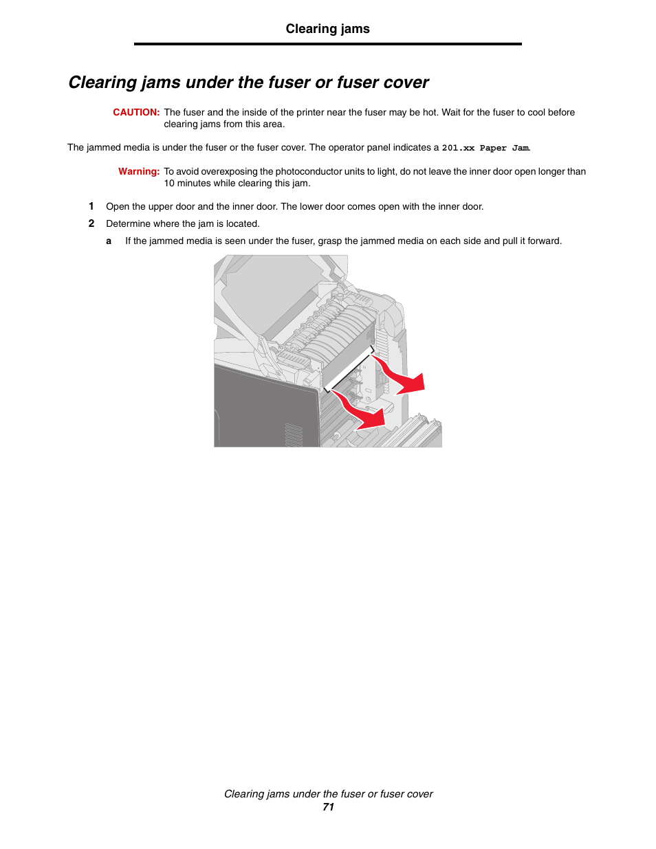 Clearing jams under the fuser or fuser cover | Lexmark C522 User Manual | Page 71 / 146