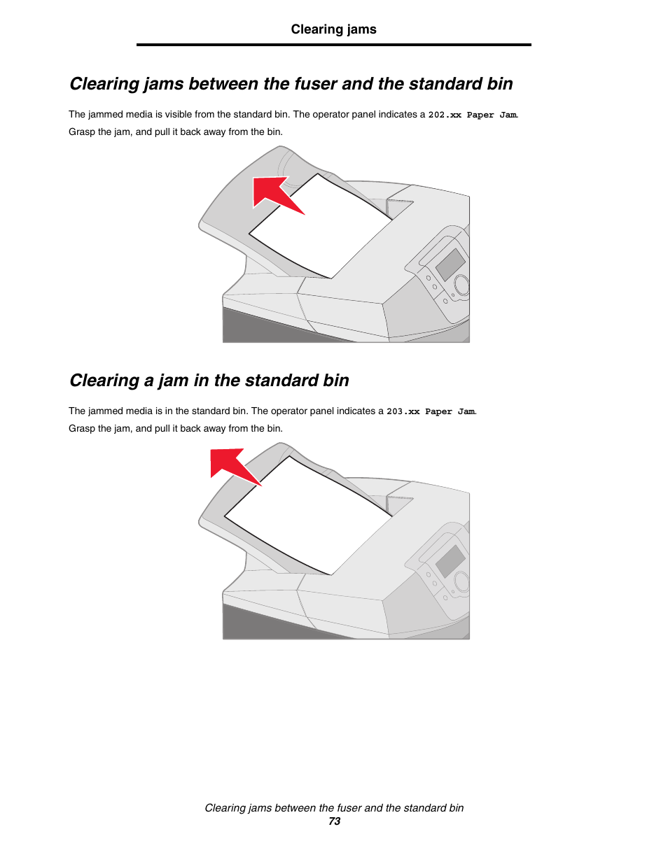 Clearing a jam in the standard bin | Lexmark C522 User Manual | Page 73 / 146