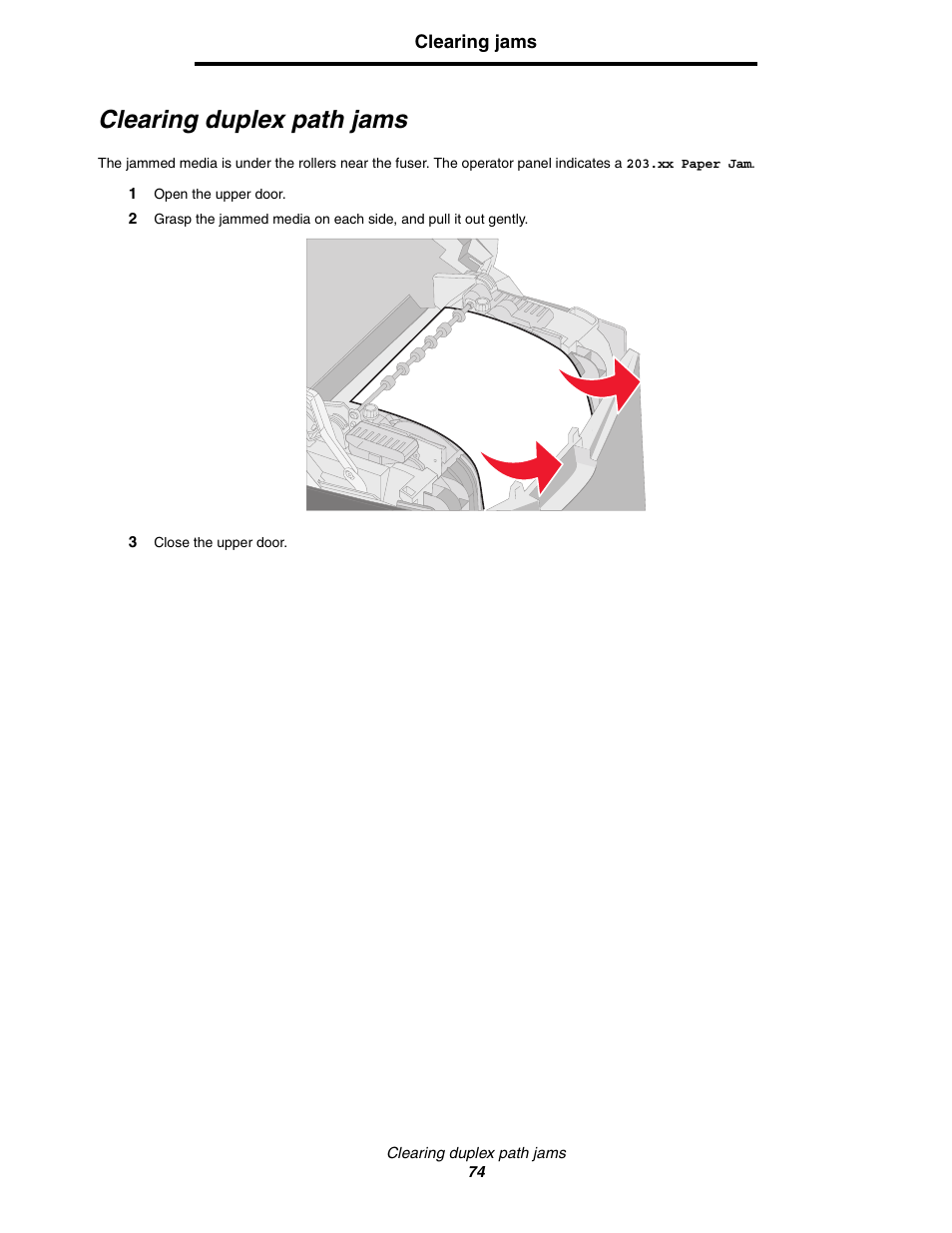Clearing duplex path jams | Lexmark C522 User Manual | Page 74 / 146