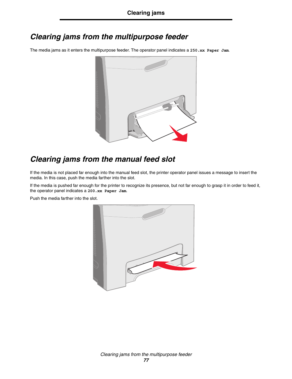 Clearing jams from the multipurpose feeder, Clearing jams from the manual feed slot | Lexmark C522 User Manual | Page 77 / 146