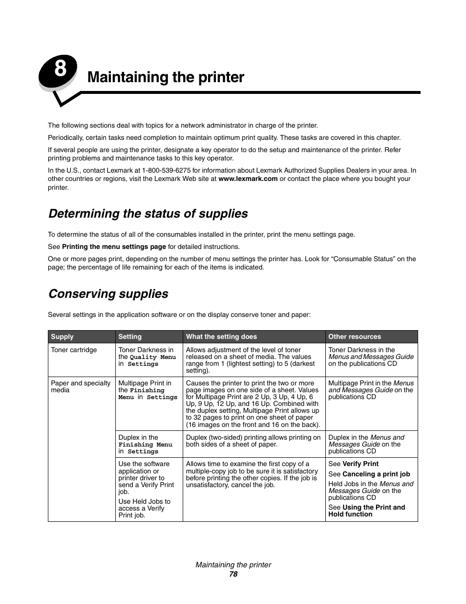 Maintaining the printer, Determining the status of supplies, Conserving supplies | Chapter 8: maintaining the printer | Lexmark C522 User Manual | Page 78 / 146