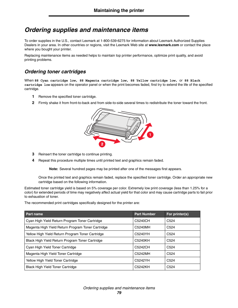 Ordering supplies and maintenance items, Ordering toner cartridges, Maintaining the printer | Lexmark C522 User Manual | Page 79 / 146
