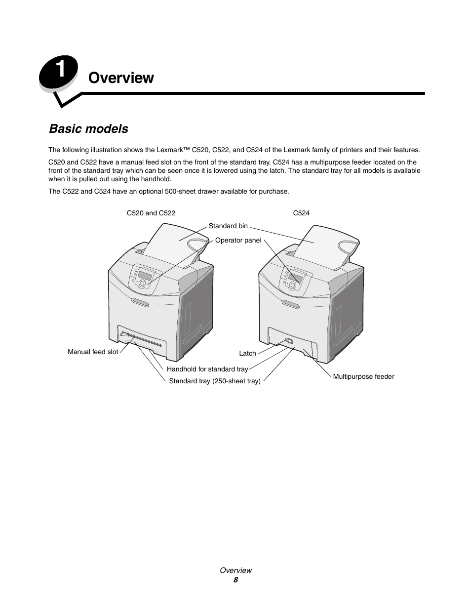 Overview, Basic models, Chapter 1: overview | Lexmark C522 User Manual | Page 8 / 146