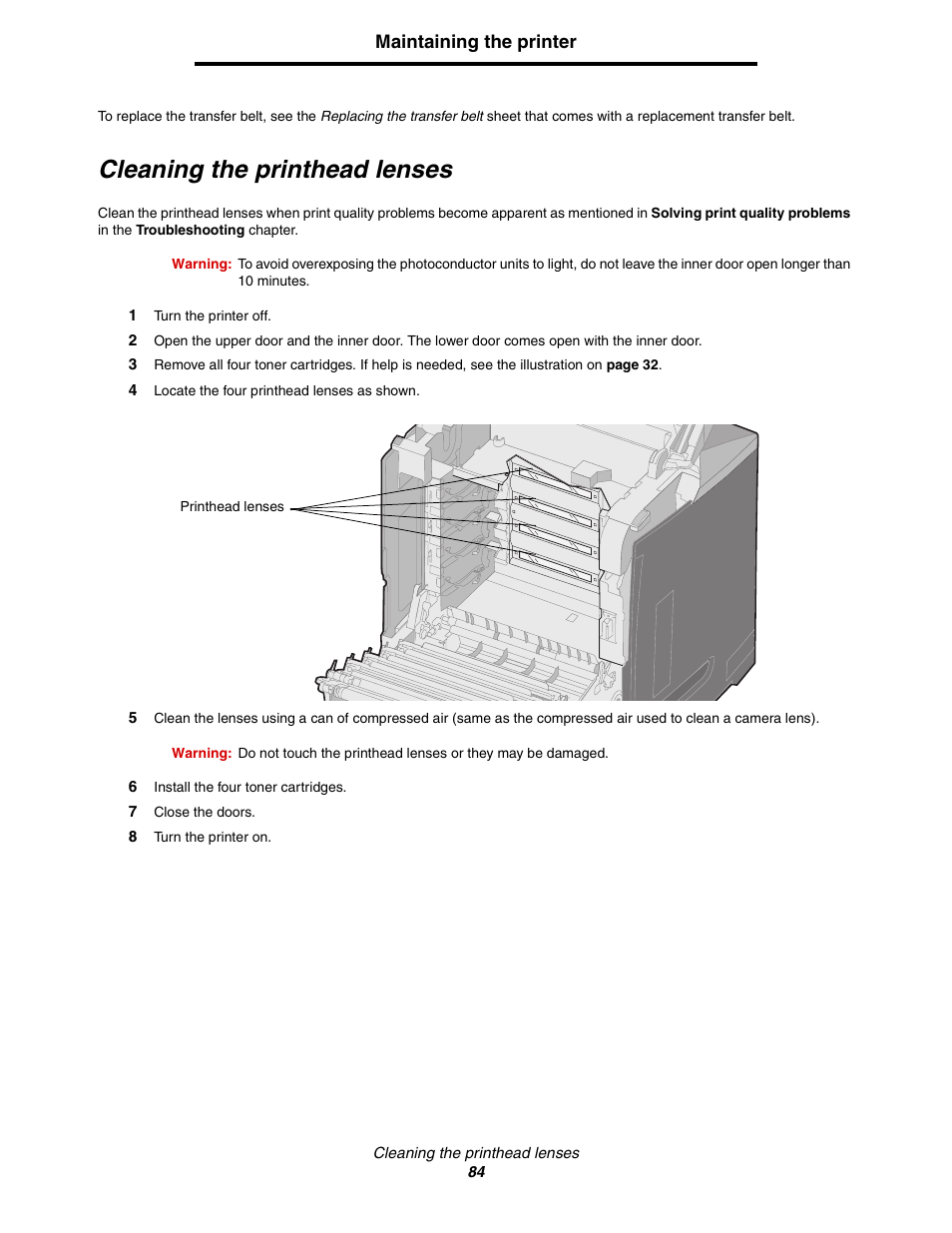Cleaning the printhead lenses | Lexmark C522 User Manual | Page 84 / 146
