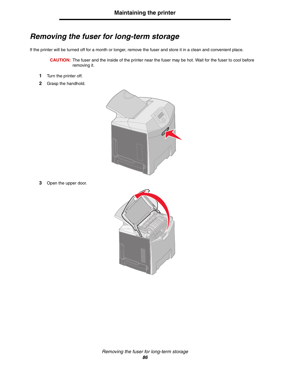 Removing the fuser for long-term storage | Lexmark C522 User Manual | Page 86 / 146