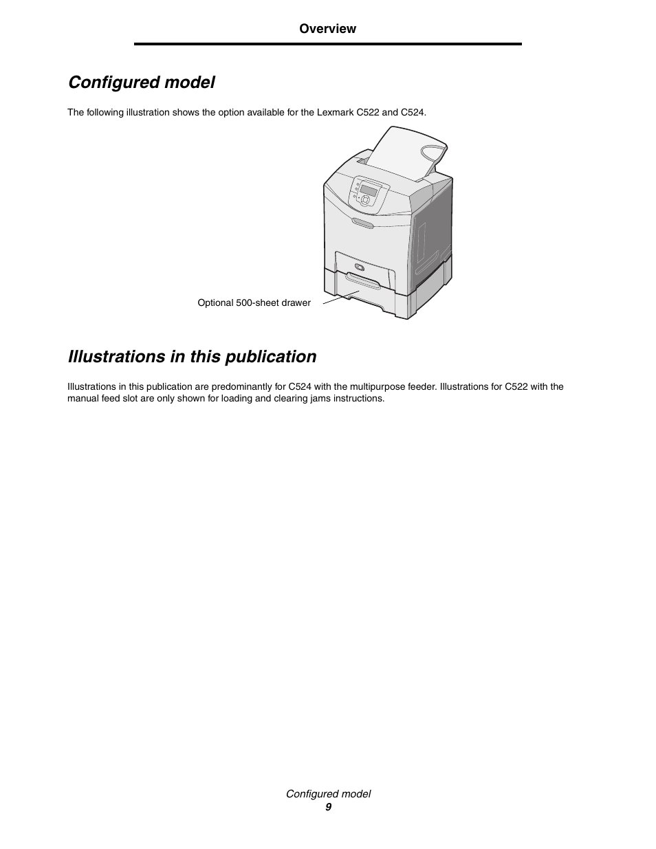 Configured model, Illustrations in this publication | Lexmark C522 User Manual | Page 9 / 146