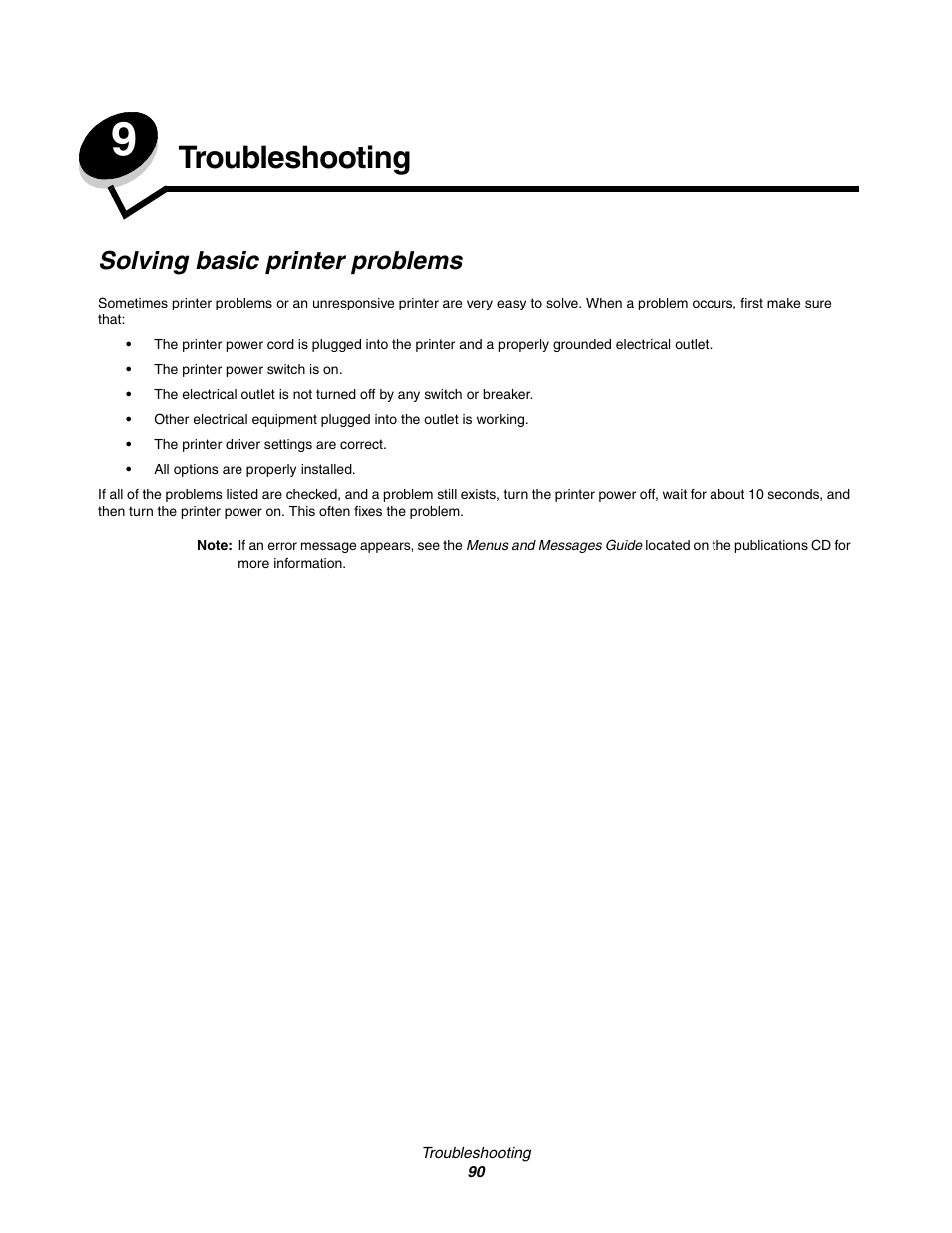 Troubleshooting, Solving basic printer problems, Chapter 9: troubleshooting | Lexmark C522 User Manual | Page 90 / 146