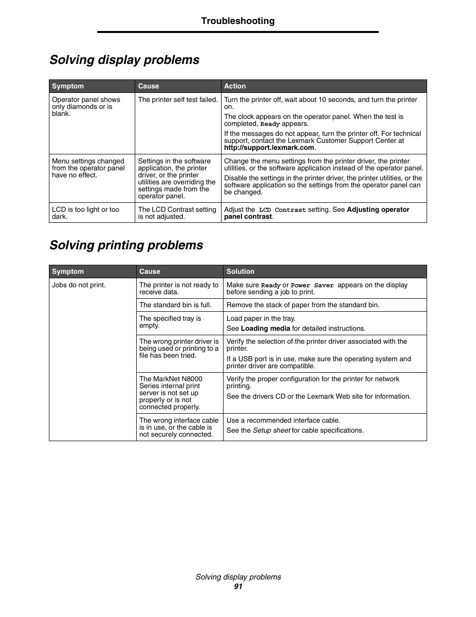 Solving display problems, Solving printing problems, Solving display problems solving printing problems | Lexmark C522 User Manual | Page 91 / 146