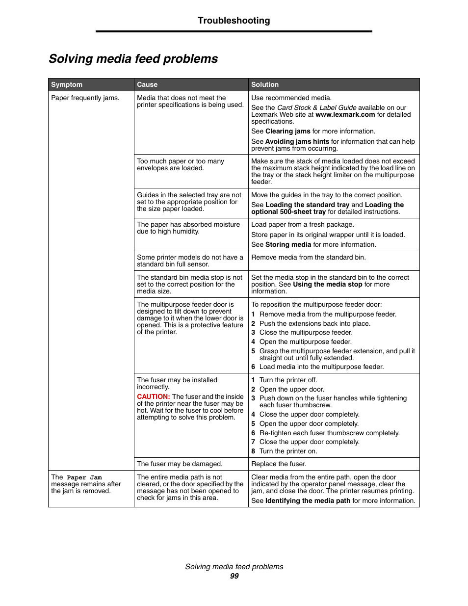 Solving media feed problems, Troubleshooting | Lexmark C522 User Manual | Page 99 / 146