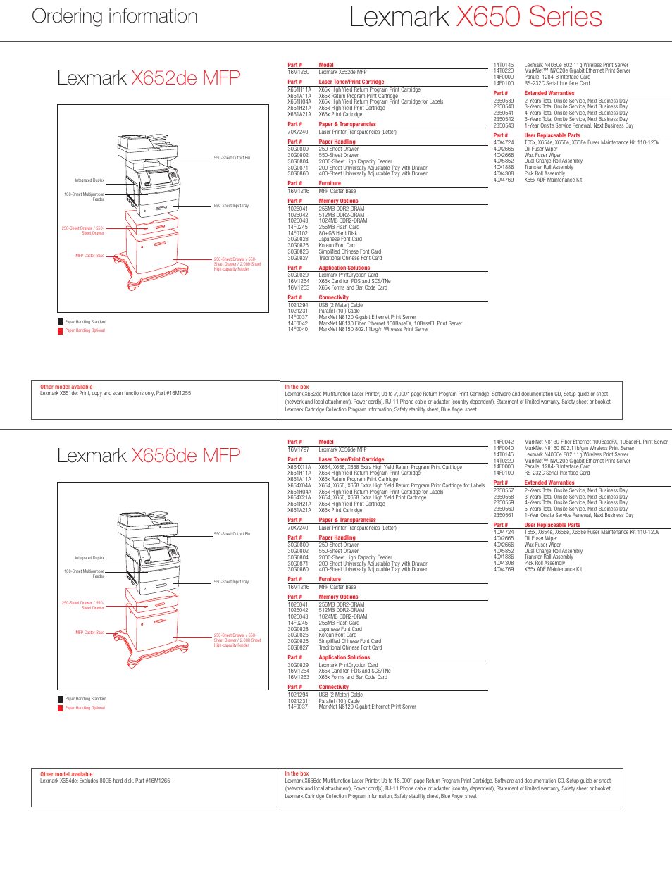 Lexmark x650 series, Ordering information, Lexmark x652de mfp | Lexmark x656de mfp | Lexmark X650 Series User Manual | Page 7 / 8