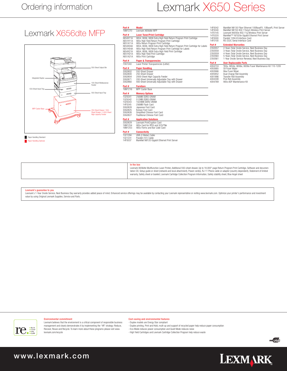 Lexmark x650 series, Ordering information, Lexmark x656dte mfp | Lexmark X650 Series User Manual | Page 8 / 8