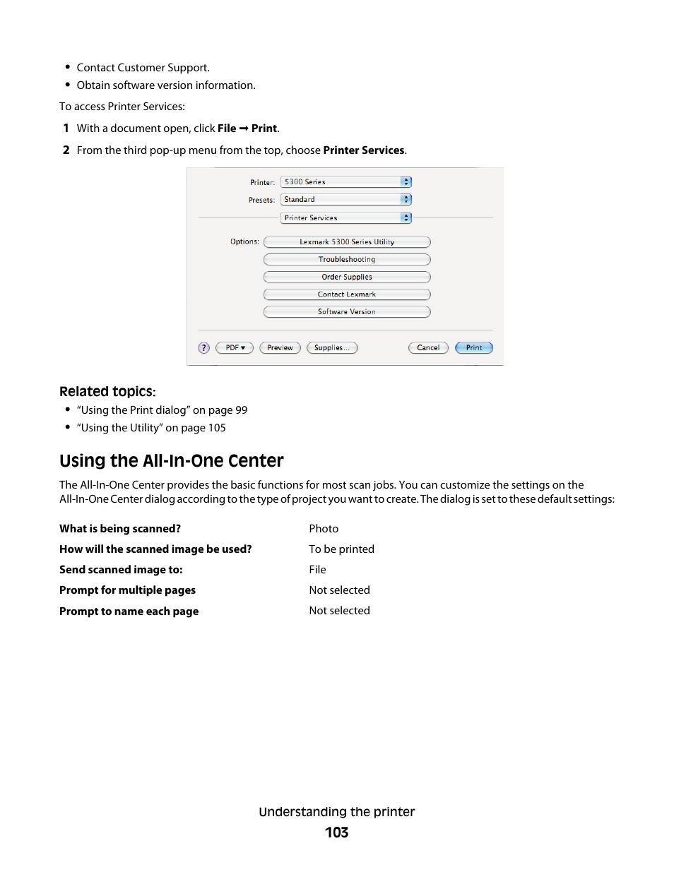 Using the all-in-one center | Lexmark 5300 User Manual | Page 103 / 179