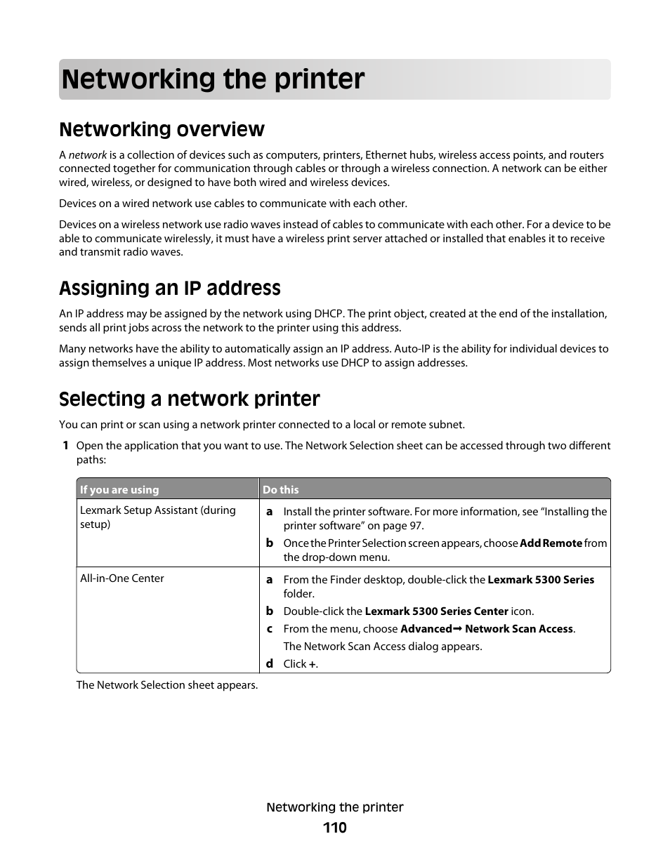 Networking the printer, Networking overview, Assigning an ip address | Selecting a network printer | Lexmark 5300 User Manual | Page 110 / 179