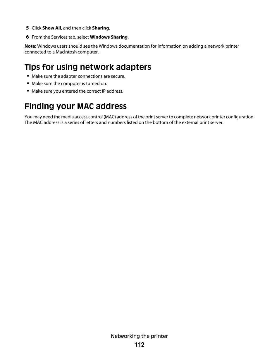 Tips for using network adapters, Finding your mac address | Lexmark 5300 User Manual | Page 112 / 179