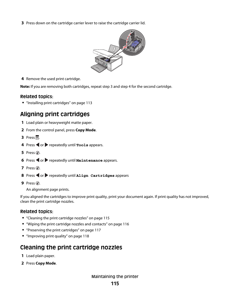 Aligning print cartridges, Cleaning the print cartridge nozzles | Lexmark 5300 User Manual | Page 115 / 179