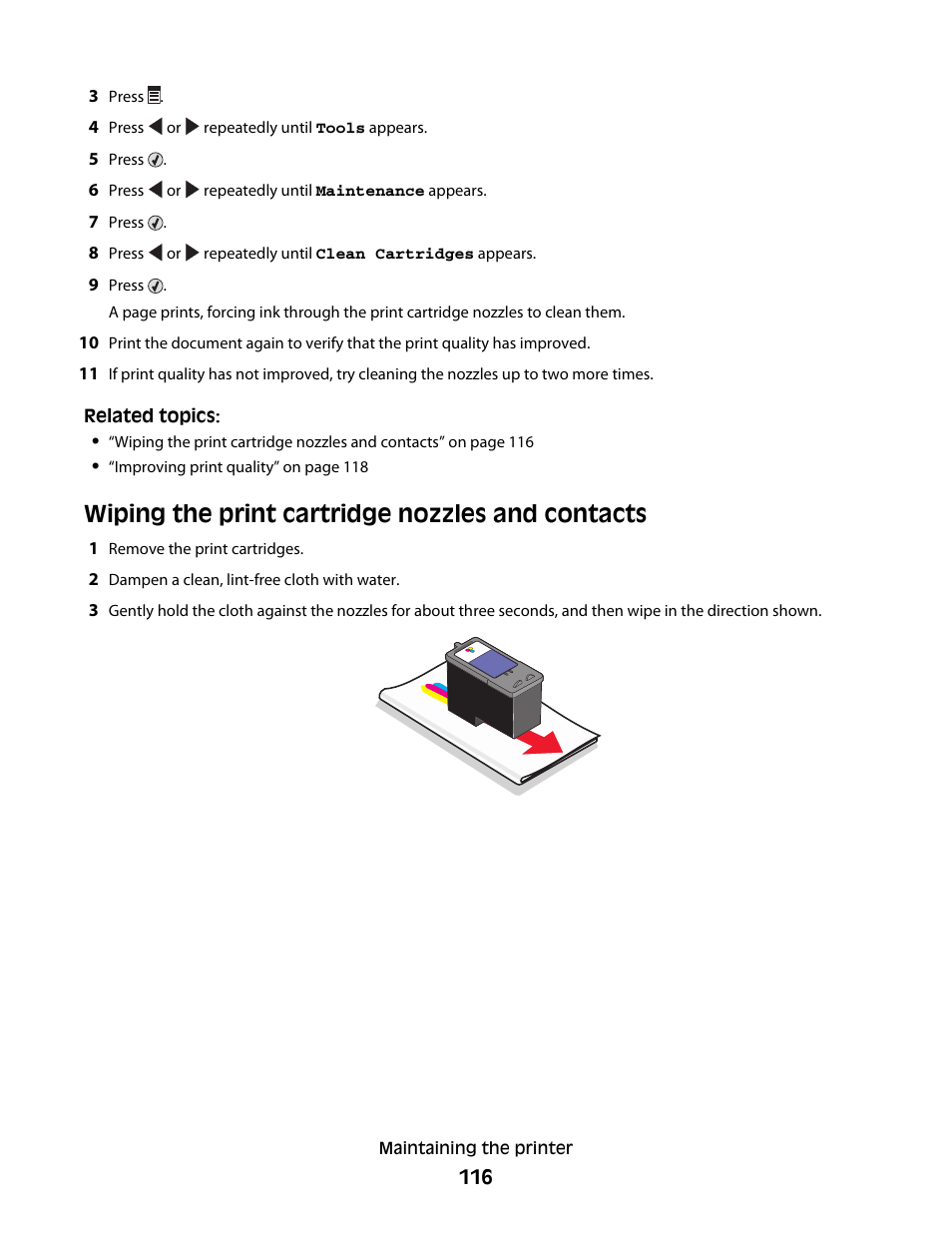Wiping the print cartridge nozzles and contacts | Lexmark 5300 User Manual | Page 116 / 179