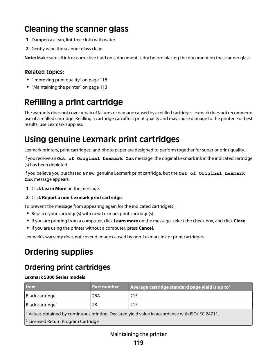 Cleaning the scanner glass, Refilling a print cartridge, Using genuine lexmark print cartridges | Ordering supplies, Ordering print cartridges | Lexmark 5300 User Manual | Page 119 / 179