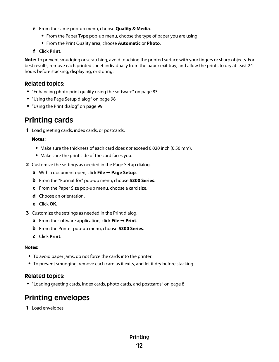 Printing cards, Printing envelopes | Lexmark 5300 User Manual | Page 12 / 179