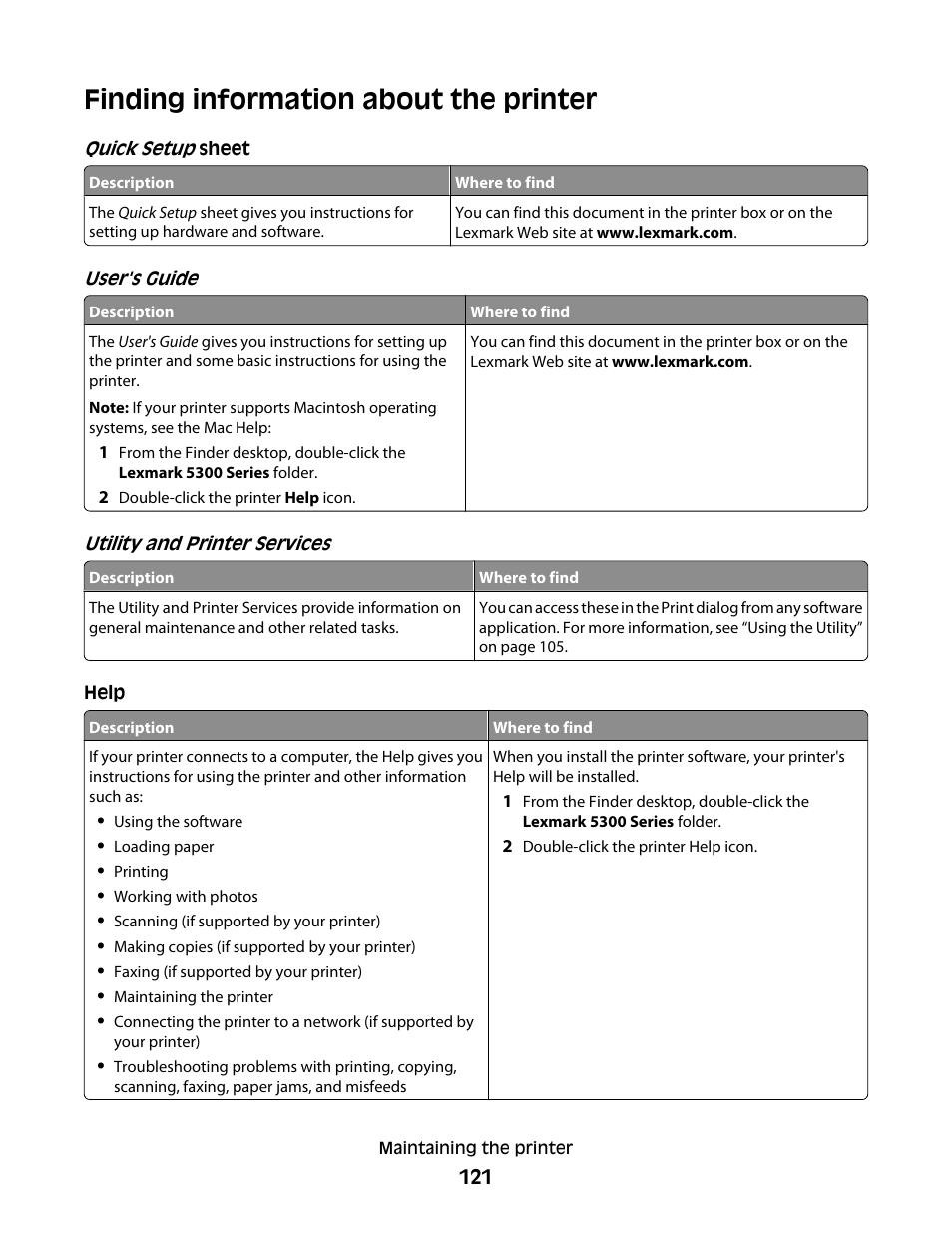 Finding information about the printer | Lexmark 5300 User Manual | Page 121 / 179